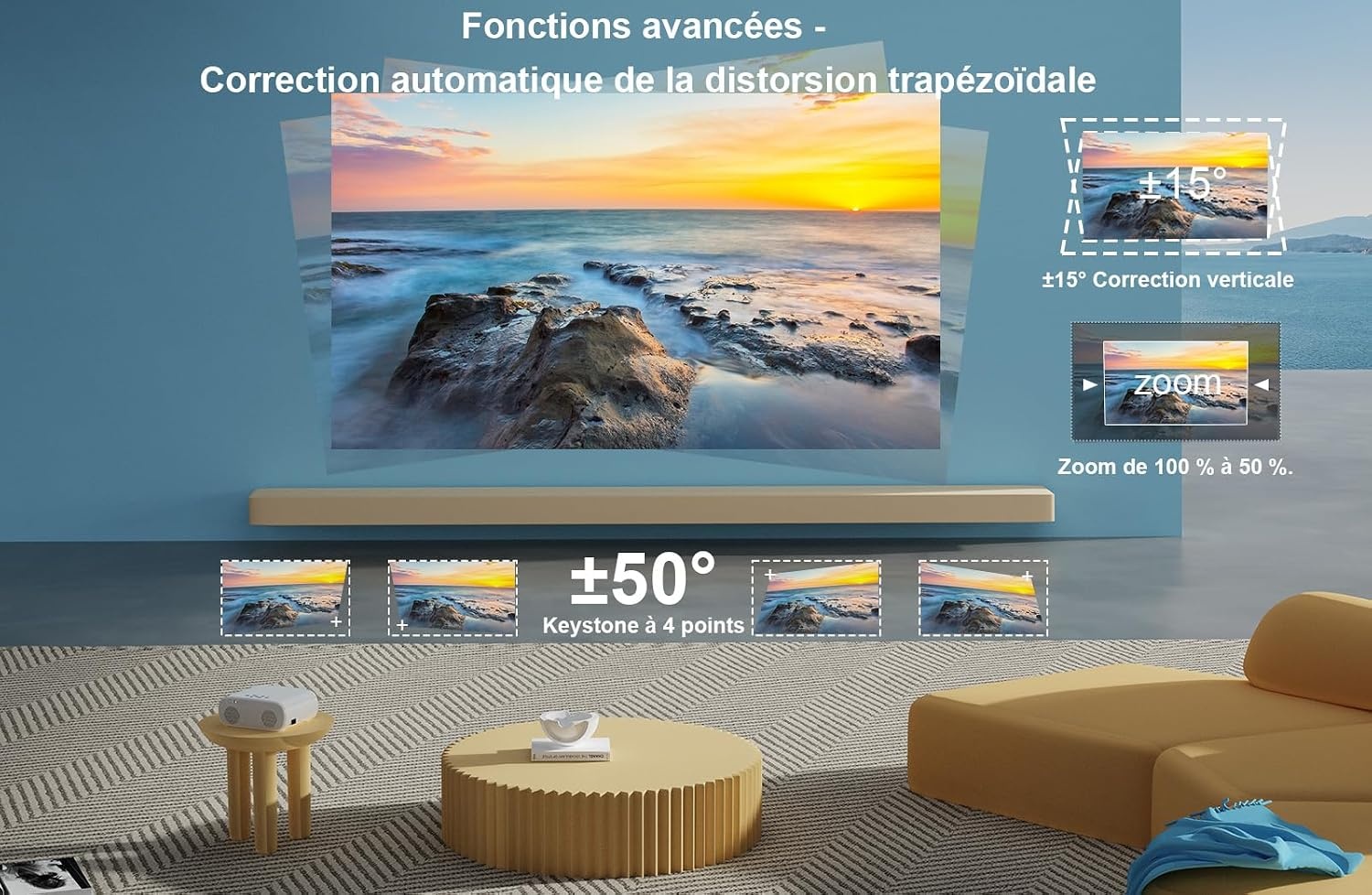 [AI Auto Focus + Auto Lens Cap] Videoprojector WiFi Bluetooth, 28.000L 850ANSI Retroprojector 4K ondersteuning, Jimveo 1080p Full HD-projector, draagbare projector, auto 4P/6D keystone correctie, 50%