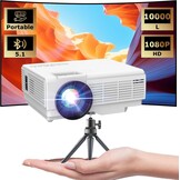 YOOYAA Mini-projector met Bluetooth en statief, draagbaar, 1080p, Full HD, 10.000 l, mini-draagbare led-projector voor thuisbioscoop, compatibel met smartphone, HDMI, USB, tv-stick