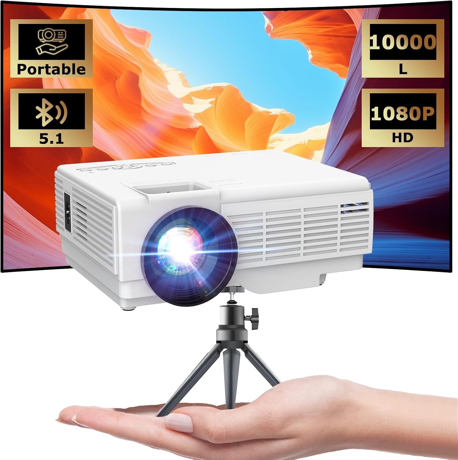 YOOYAA Mini-projector met Bluetooth en statief, draagbaar, 1080p, Full HD, 10.000 l, mini-draagbare led-projector voor thuisbioscoop, compatibel met smartphone, HDMI, USB, tv-stick