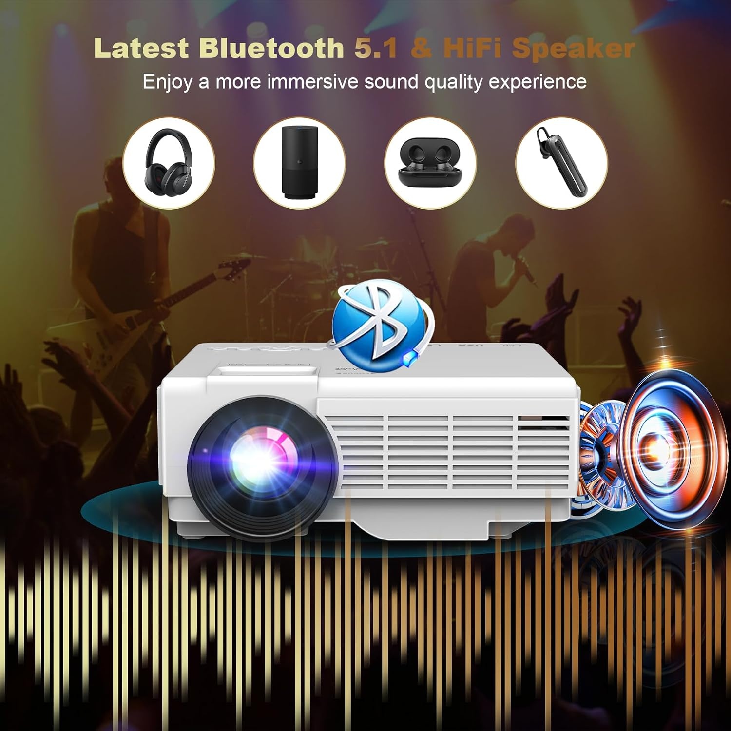 YOOYAA Mini-projector met Bluetooth en statief, draagbaar, 1080p, Full HD, 10.000 l, mini-draagbare led-projector voor thuisbioscoop, compatibel met smartphone, HDMI, USB, tv-stick