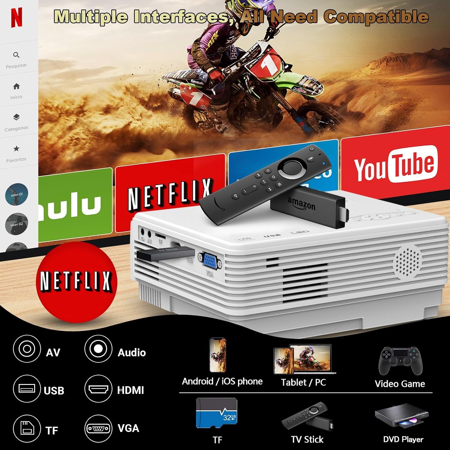 YOOYAA Mini-projector met Bluetooth en statief, draagbaar, 1080p, Full HD, 10.000 l, mini-draagbare led-projector voor thuisbioscoop, compatibel met smartphone, HDMI, USB, tv-stick