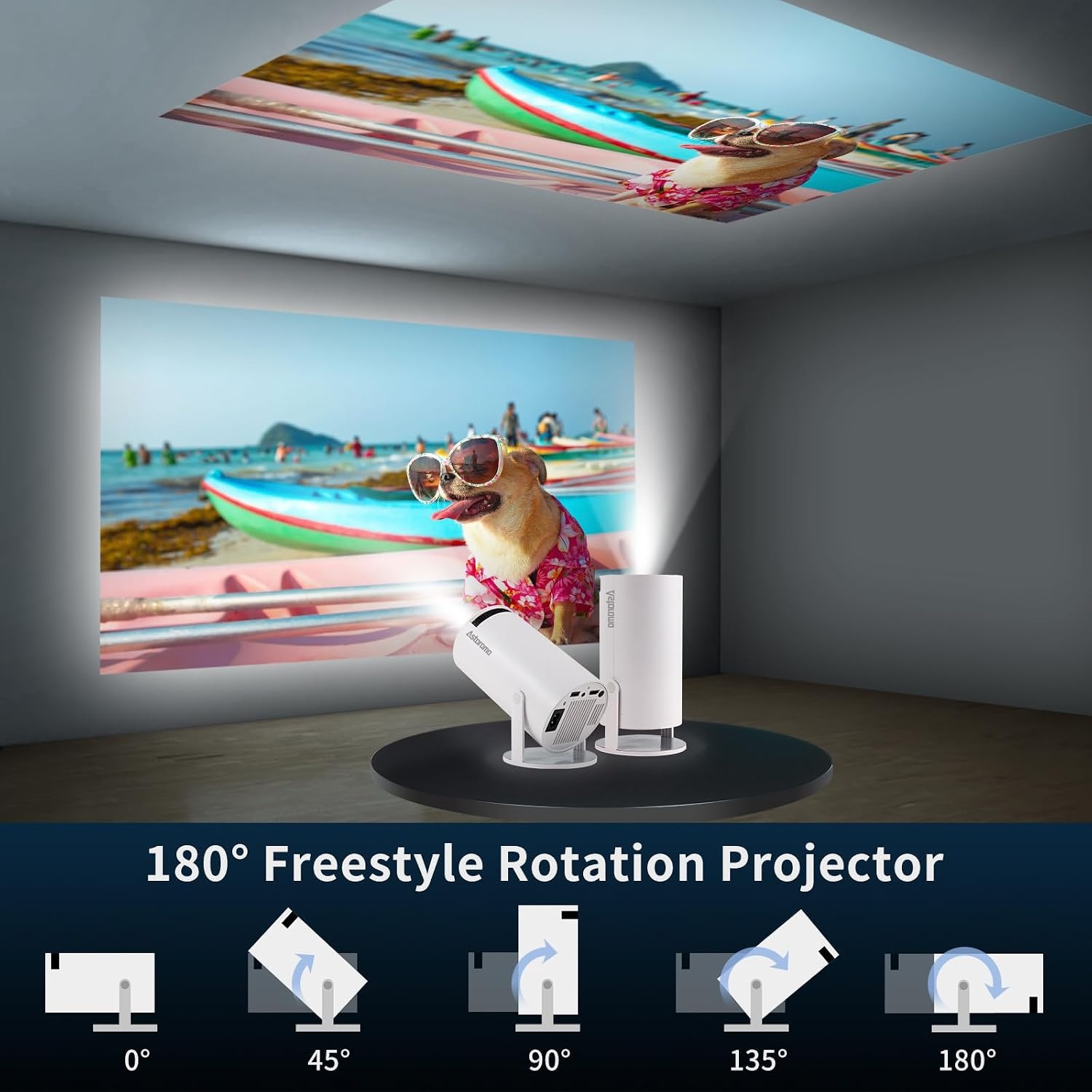 Mini Beamer, Home Cinema Beamer met Auto Keystone, 4K/200 ANSI Video Projector WiFi 6, BT 5.0, 130-inch scherm, 180 graden rotatie, geïntegreerd Android-besturingssysteem 11.0 (Wit)