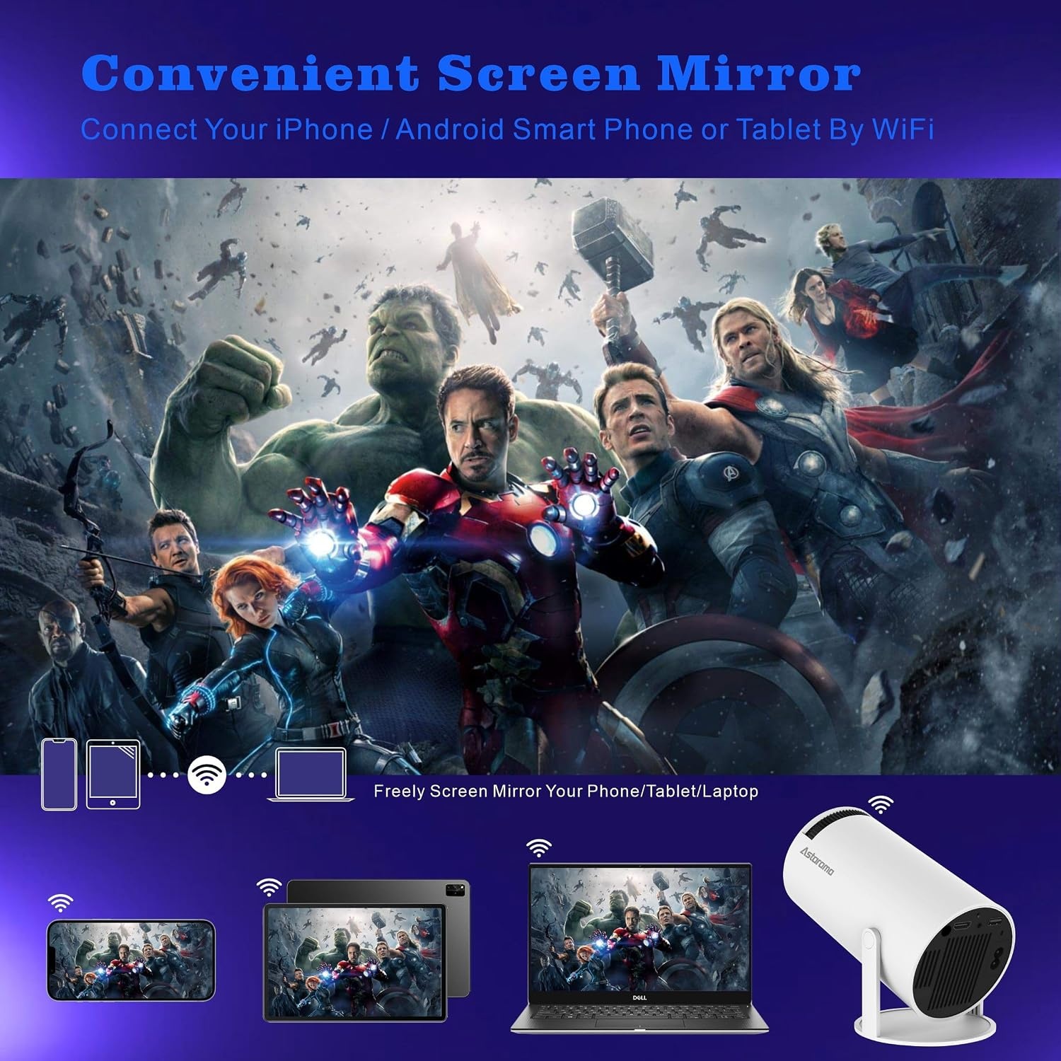 Mini Beamer, Home Cinema Beamer met Auto Keystone, 4K/200 ANSI Video Projector WiFi 6, BT 5.0, 130-inch scherm, 180 graden rotatie, geïntegreerd Android-besturingssysteem 11.0 (Wit)