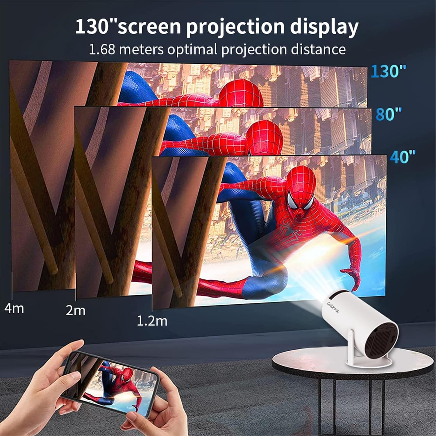 Mini Beamer, Home Cinema Beamer met Auto Keystone, 4K/200 ANSI Video Projector WiFi 6, BT 5.0, 130-inch scherm, 180 graden rotatie, geïntegreerd Android-besturingssysteem 11.0 (Wit)