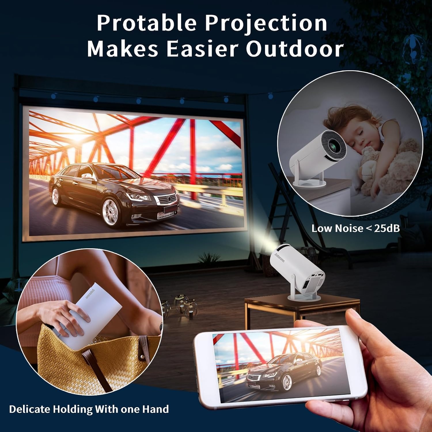 Mini Beamer, Home Cinema Beamer met Auto Keystone, 4K/200 ANSI Video Projector WiFi 6, BT 5.0, 130-inch scherm, 180 graden rotatie, geïntegreerd Android-besturingssysteem 11.0 (Wit)