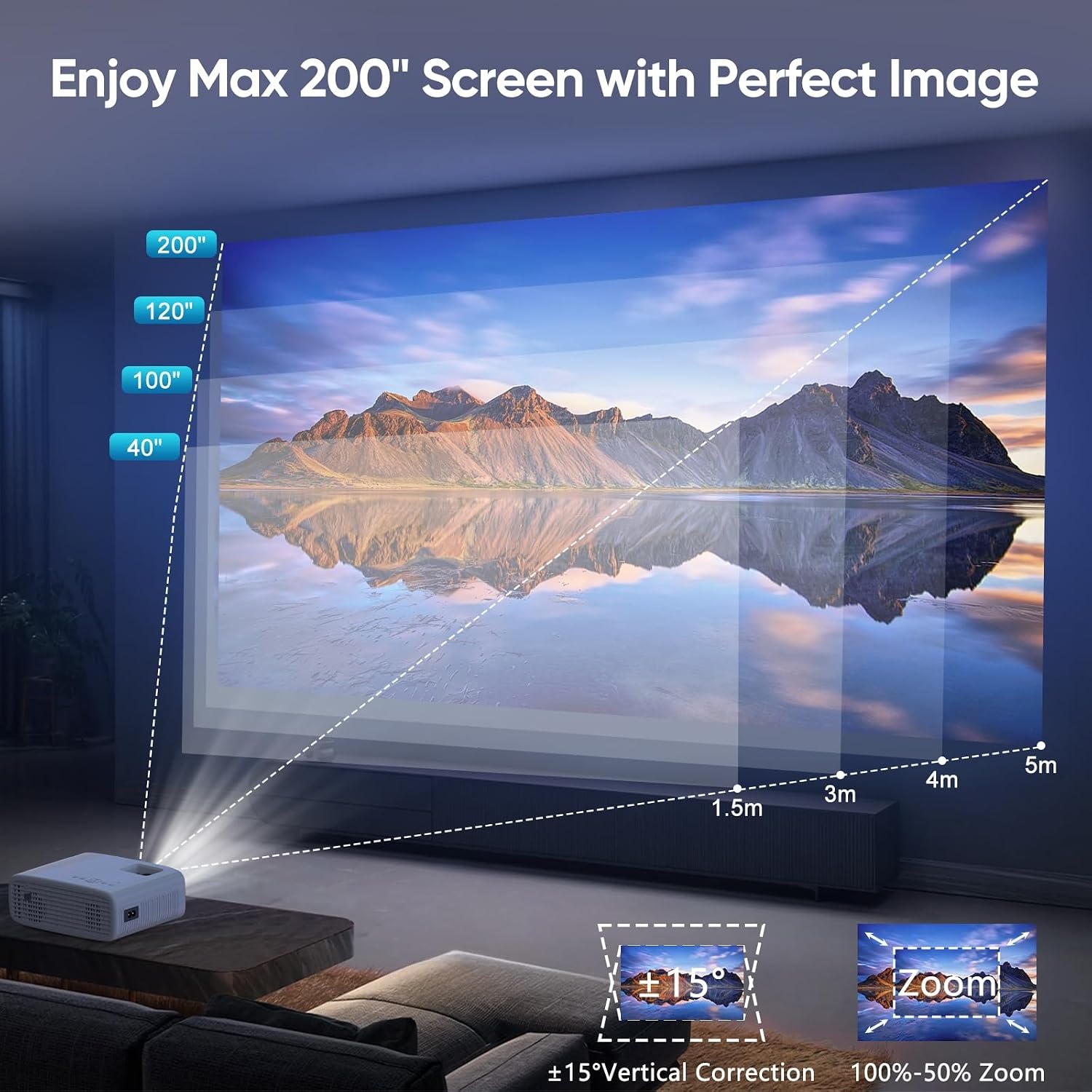 Smart Projector met Netflix, 1080P, 25000 Lumen, WiFi 6, Bluetooth, Wit/Zwart, 34% Korting