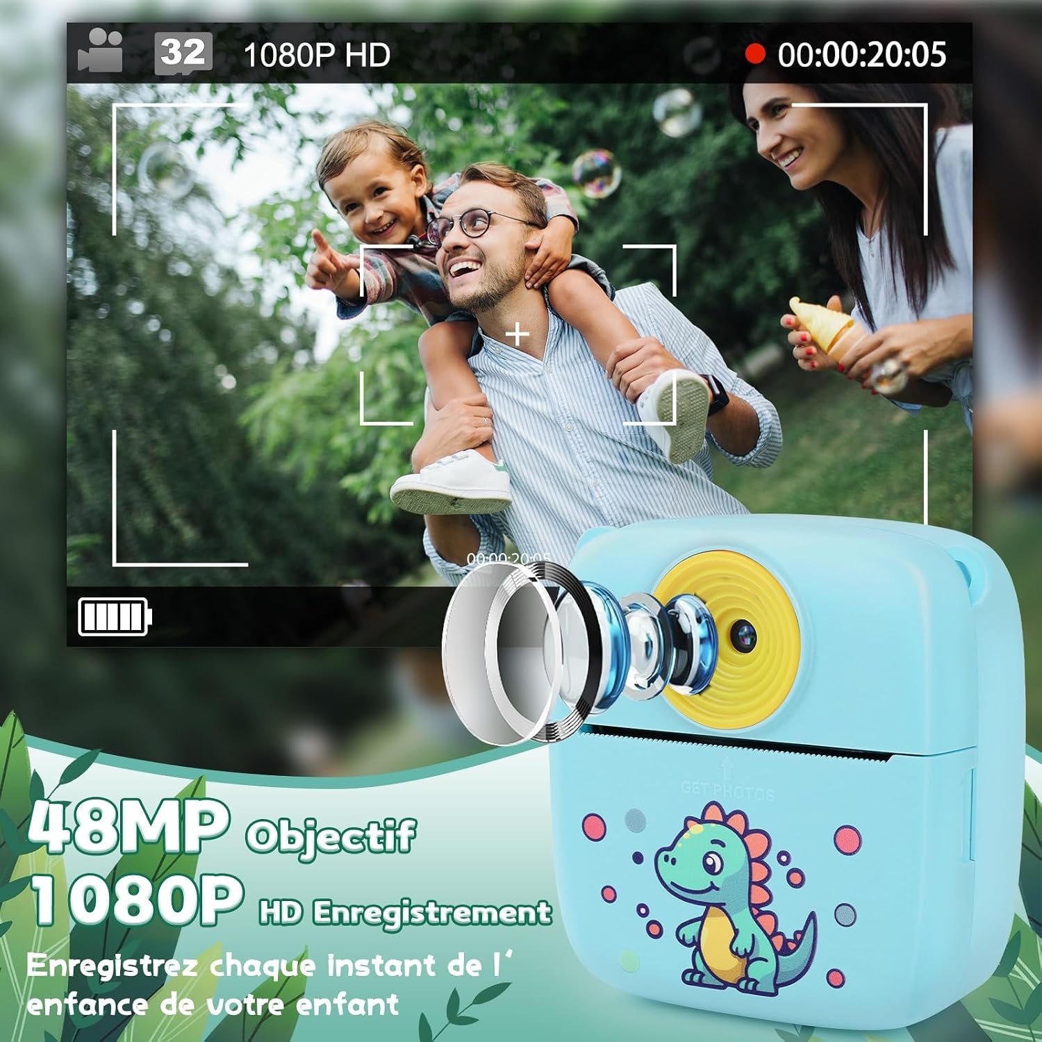 Dhapy Instant camera voor kinderen, 48 MP kindercamera, onmiddellijke camera met printpapier en 32 G TF-kaart, 1080p digitale camera voor kinderen, cadeaus voor jongens en meisjes, 3, 4, 5, 6, 7, 8, 9
