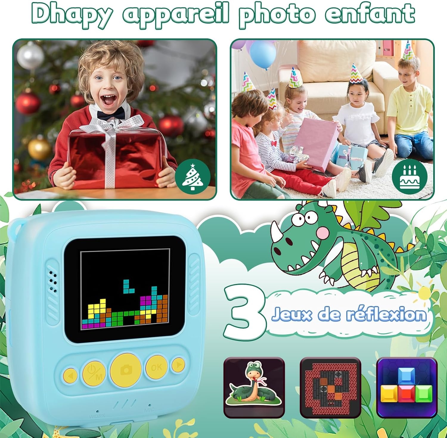 Dhapy Instant camera voor kinderen, 48 MP kindercamera, onmiddellijke camera met printpapier en 32 G TF-kaart, 1080p digitale camera voor kinderen, cadeaus voor jongens en meisjes, 3, 4, 5, 6, 7, 8, 9