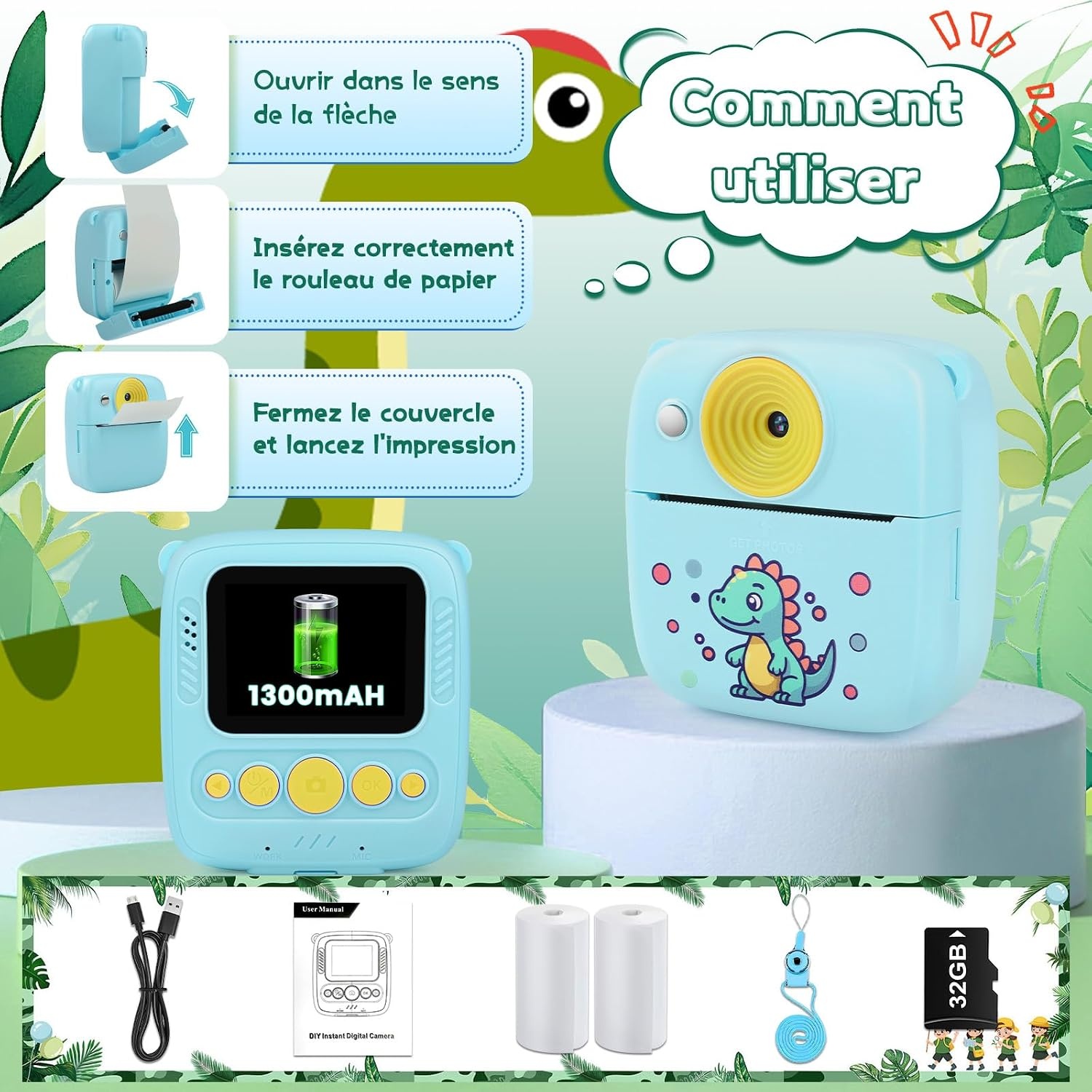 Dhapy Instant camera voor kinderen, 48 MP kindercamera, onmiddellijke camera met printpapier en 32 G TF-kaart, 1080p digitale camera voor kinderen, cadeaus voor jongens en meisjes, 3, 4, 5, 6, 7, 8, 9