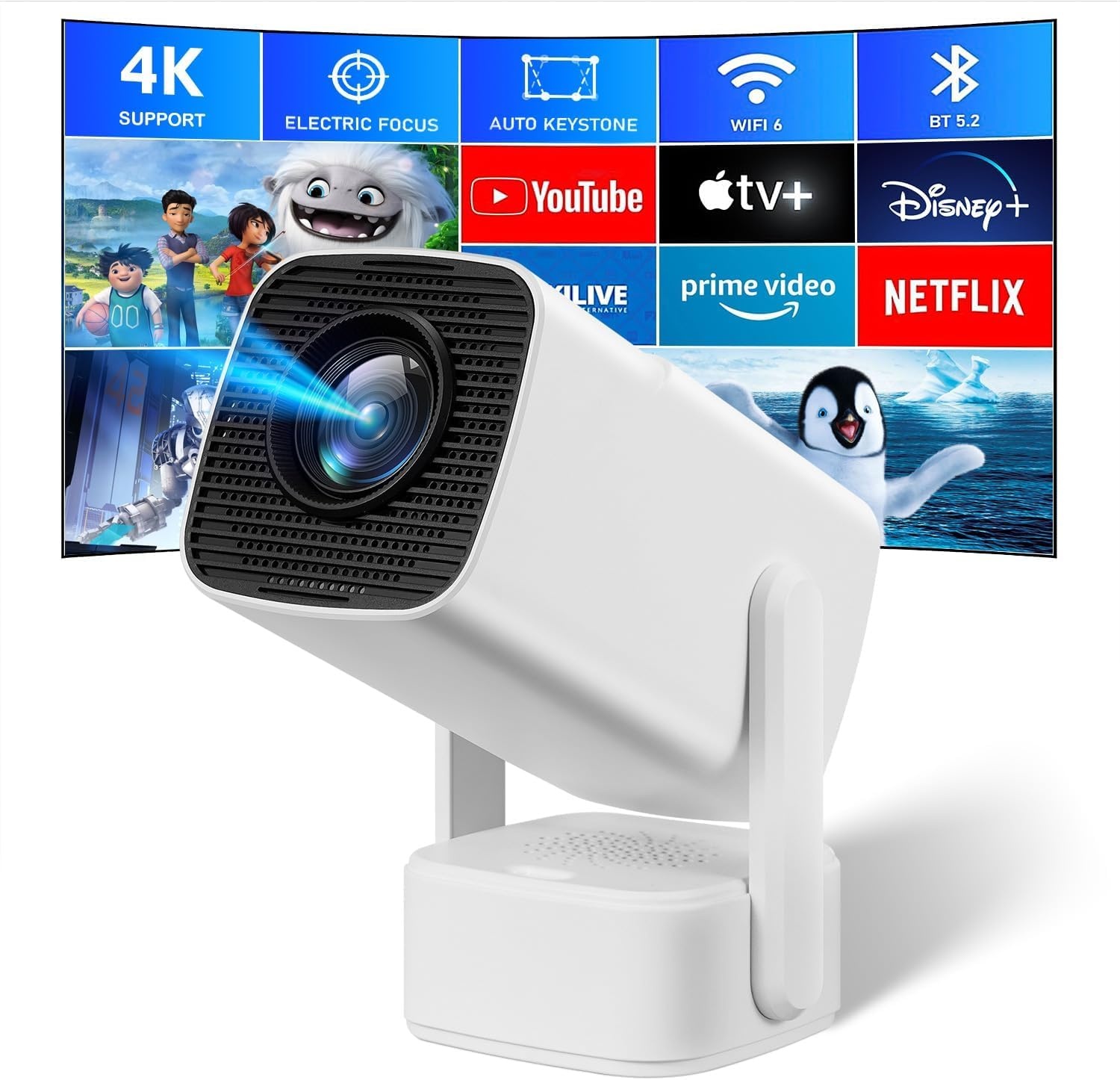 Draagbare beamer, Sepymp mini-projector 4K, 1080P FHD-WiFi 6-BT 5.2, vooraf geïnstalleerde app zoals Netflix, YouTube.