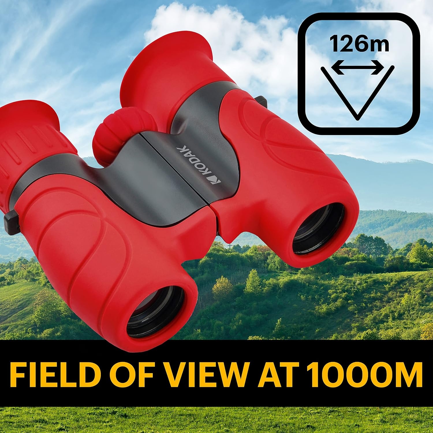 KODAK BCS100 Kinder Verrekijker 8x, Compacte en Ergonomische Verrekijker, Zachte Rubberen Bekleding, Draagriem en Opberghoes Inbegrepen - Rood, Ideaal voor Jongens en Meisjes van 3 tot 12 Jaar, Buitenspellen en Observatie
