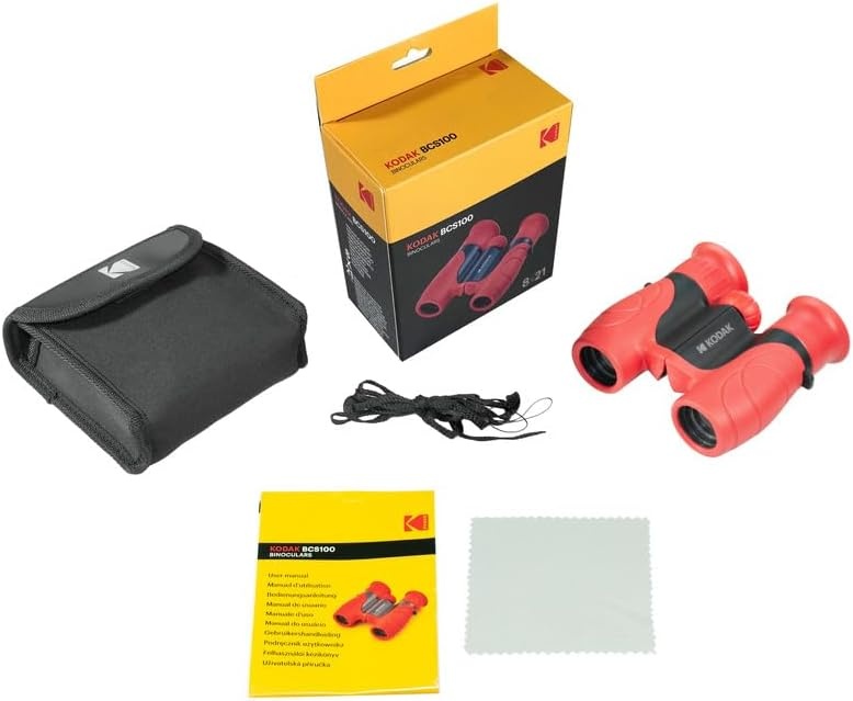KODAK BCS100 Kinder Verrekijker 8x, Compacte en Ergonomische Verrekijker, Zachte Rubberen Bekleding, Draagriem en Opberghoes Inbegrepen - Rood, Ideaal voor Jongens en Meisjes van 3 tot 12 Jaar, Buitenspellen en Observatie