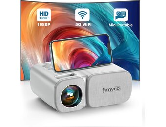 Draagbare projector met WiFi6, draagbare mini-projector, 18.000 lm, Full-HD, 1080P, Jimveo thuisbioscoop-ondersteuning voor HDMI/USB/iOS/Android
