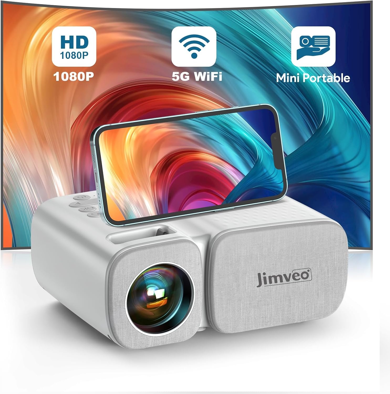 Draagbare projector met WiFi6, draagbare mini-projector, 18.000 lm, Full-HD, 1080P, Jimveo thuisbioscoop-ondersteuning voor HDMI/USB/iOS/Android