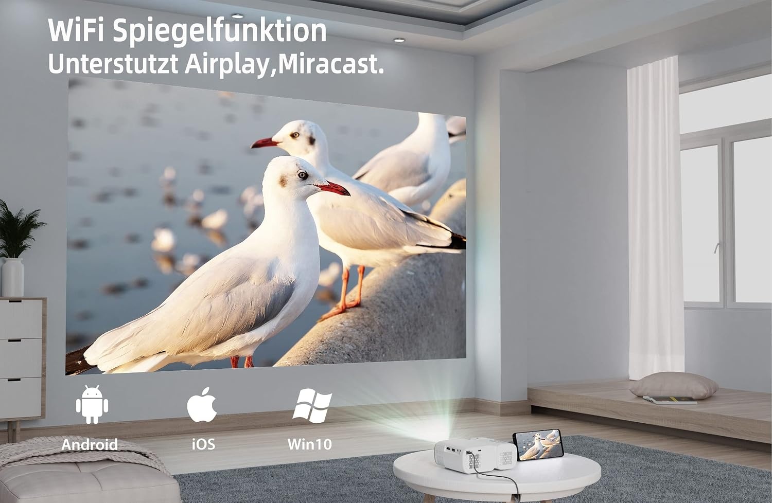 Draagbare projector met WiFi6, draagbare mini-projector, 18.000 lm, Full-HD, 1080P, Jimveo thuisbioscoop-ondersteuning voor HDMI/USB/iOS/Android