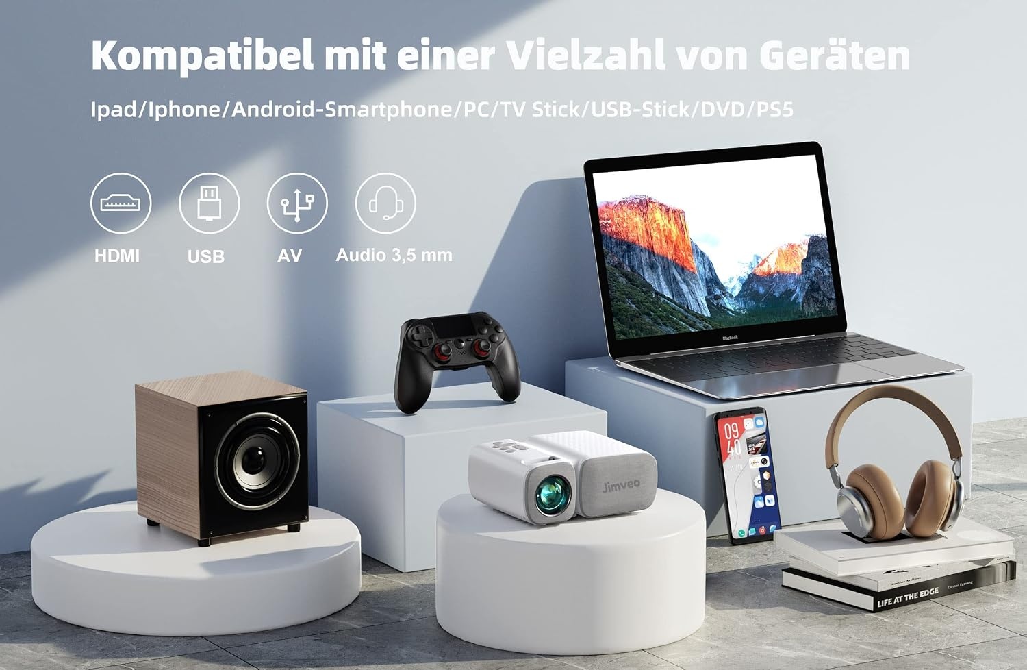 Draagbare projector met WiFi6, draagbare mini-projector, 18.000 lm, Full-HD, 1080P, Jimveo thuisbioscoop-ondersteuning voor HDMI/USB/iOS/Android