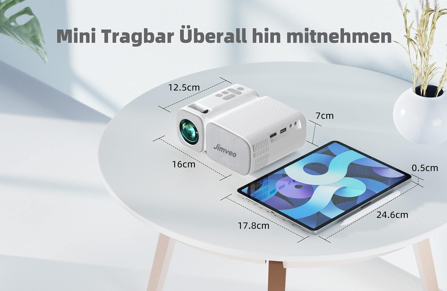 Draagbare projector met WiFi6, draagbare mini-projector, 18.000 lm, Full-HD, 1080P, Jimveo thuisbioscoop-ondersteuning voor HDMI/USB/iOS/Android