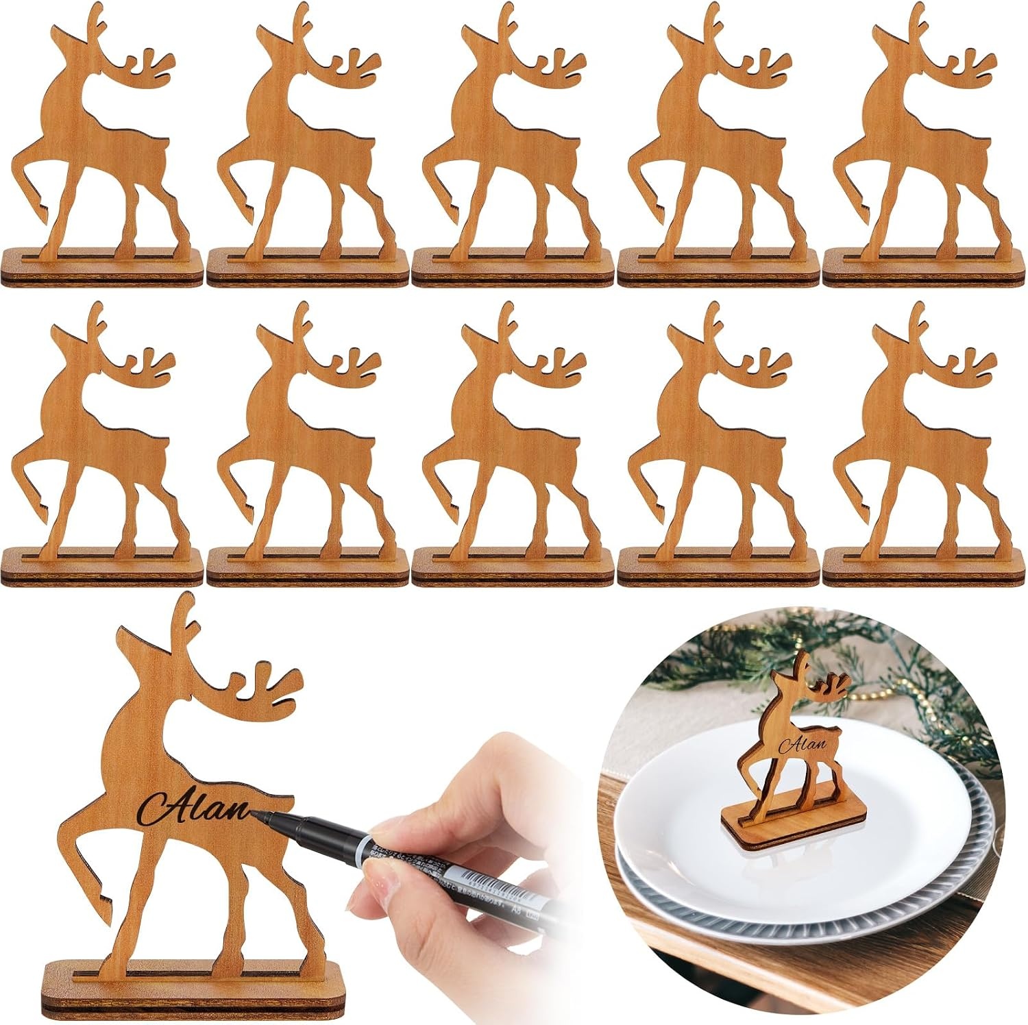 10x Houten Rendier Plaatskaartjes Kerst - Vrijstaand & Uniek