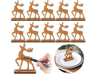 10x Houten Rendier Plaatskaartjes Kerst - Vrijstaand & Uniek