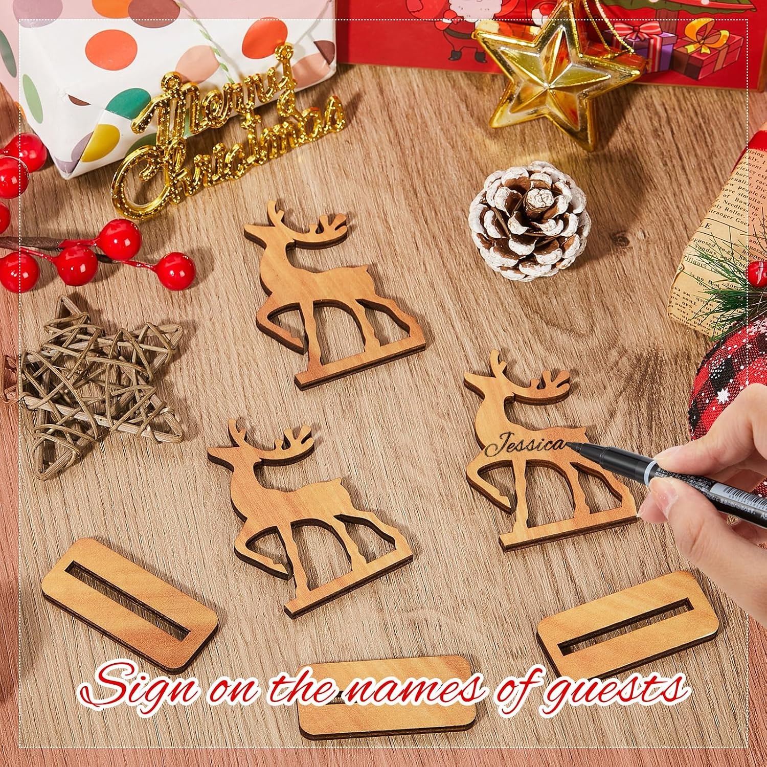 10x Houten Rendier Plaatskaartjes Kerst - Vrijstaand & Uniek