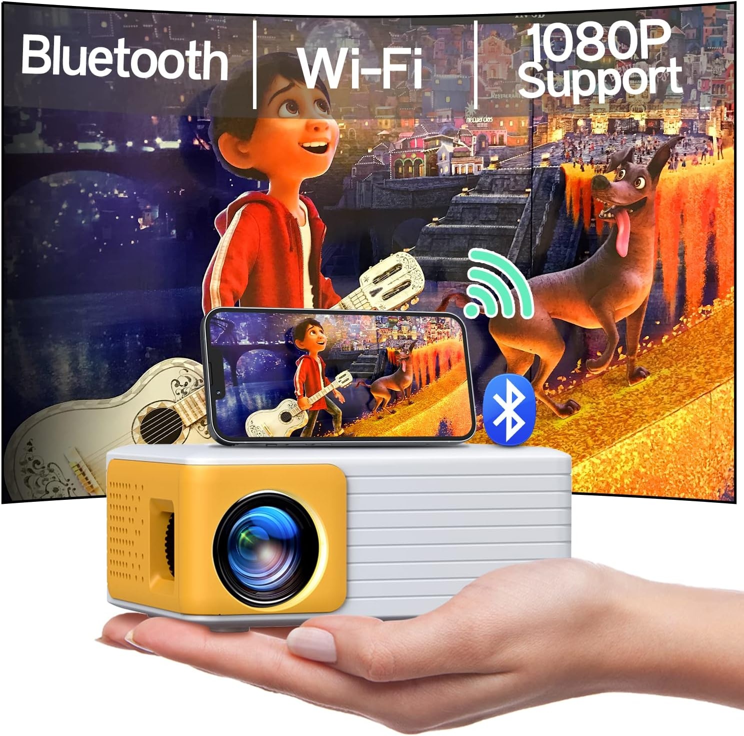 Mini Beamer Full HD 1080P WiFi Bluetooth Geel - 34% Korting