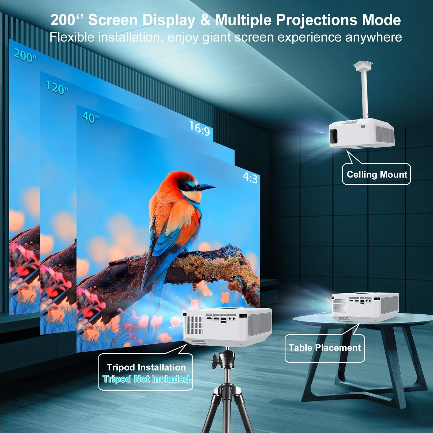 Smart projector 1080P 4K 8K Wit 12000 Lumen Android WiFi Bluetooth - 35% Korting