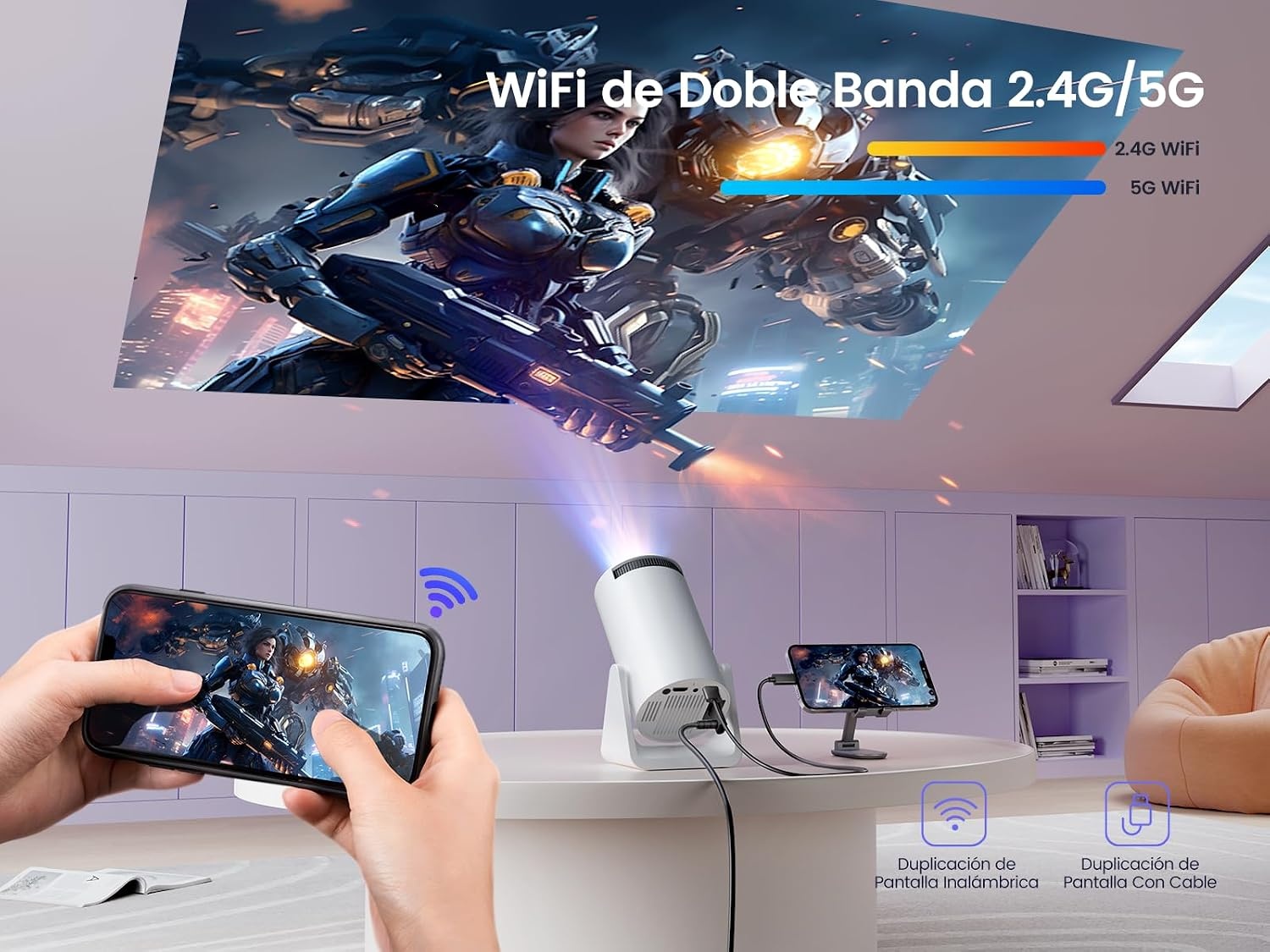 Full-HD Mini Projector (Wit/Zwart) - 1080P, 5G WiFi, 270° Draaibaar - 34% Korting