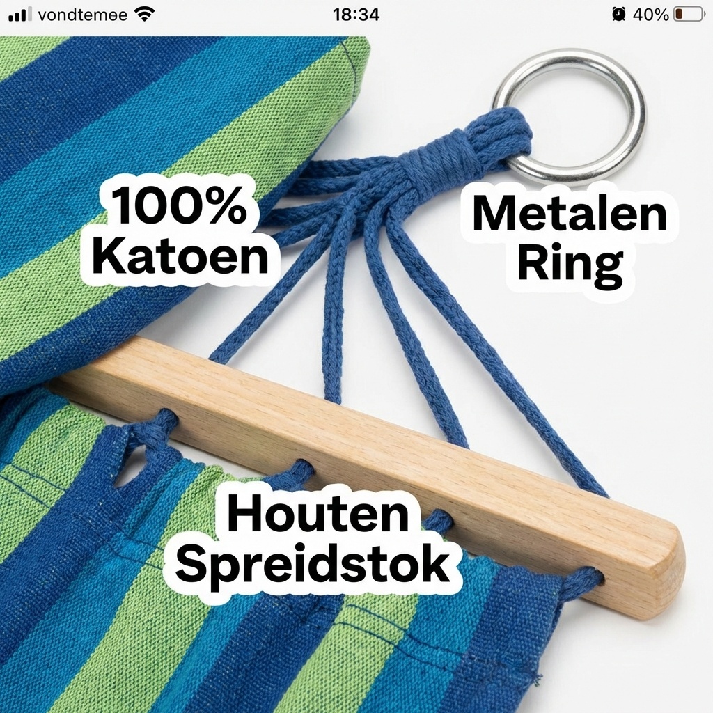 Groen Blauw Gestreept Katoen Hangmat 200x80 cm met Dwarsstang - 33% Korting!