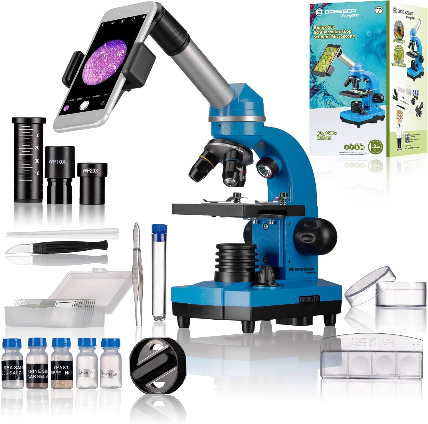 Studentenmicroscoop Blauw | 40x-1600x Vergroting | Incl. Smartphonehouder | 34% Korting
