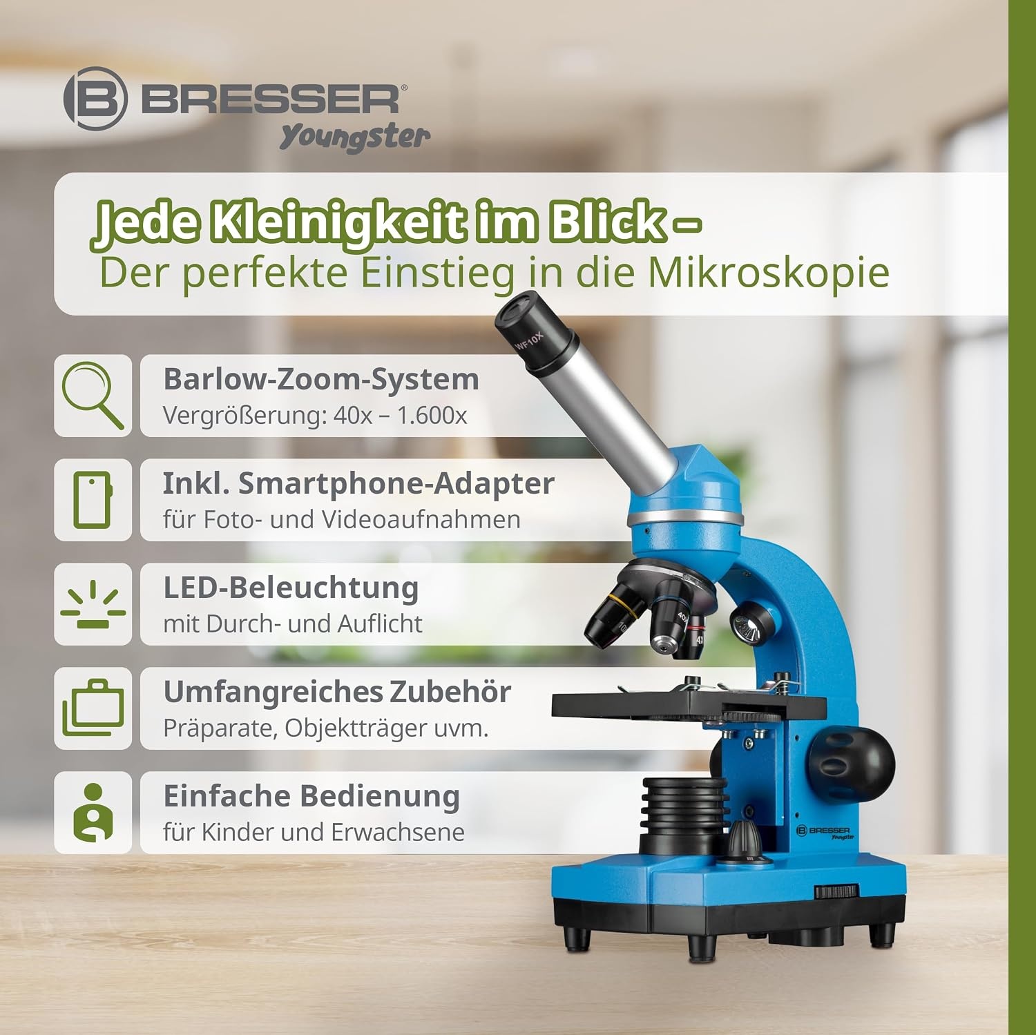 Studentenmicroscoop Blauw | 40x-1600x Vergroting | Incl. Smartphonehouder | 34% Korting