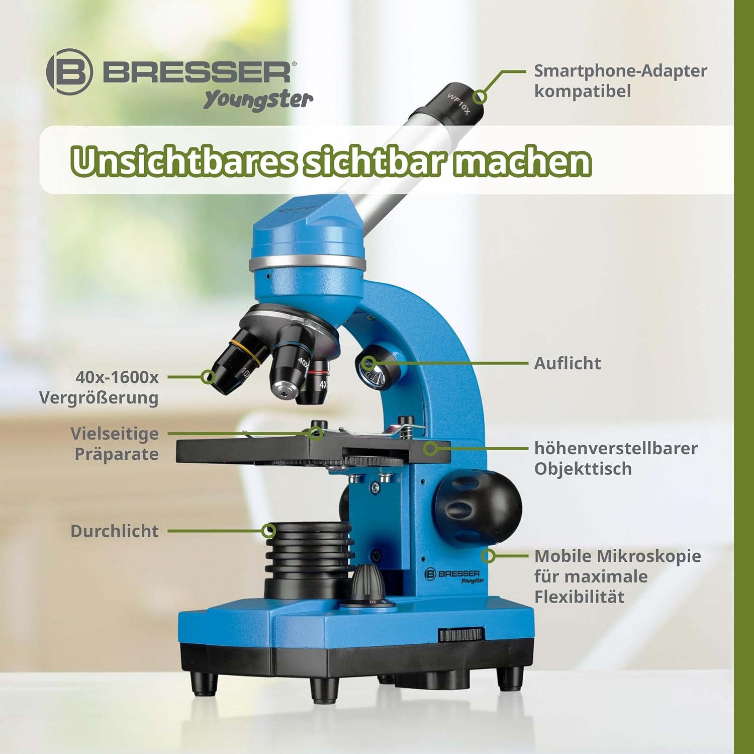 Studentenmicroscoop Blauw | 40x-1600x Vergroting | Incl. Smartphonehouder | 34% Korting