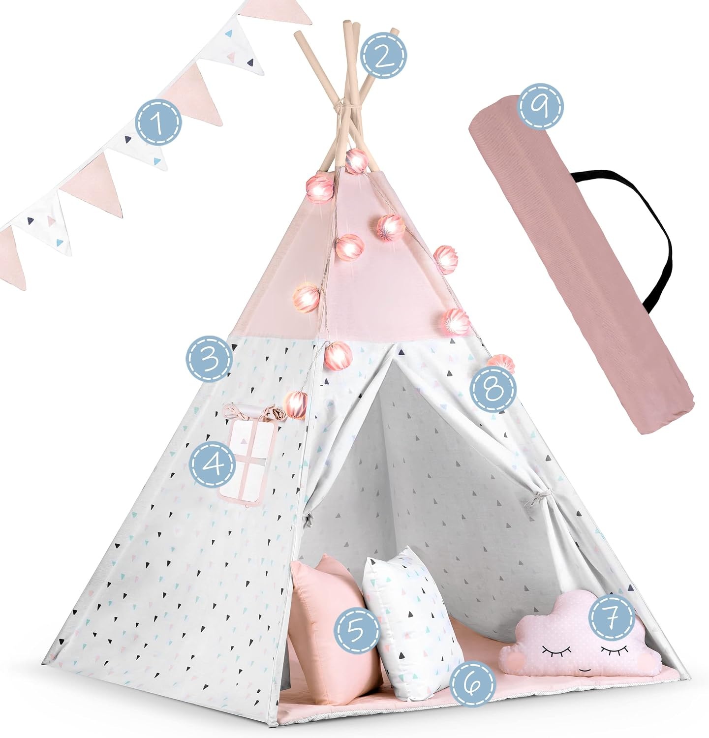 Kindertipi Speeltent Roze - Montessori Stijl met Kussens & Verlichting - 34% Korting
