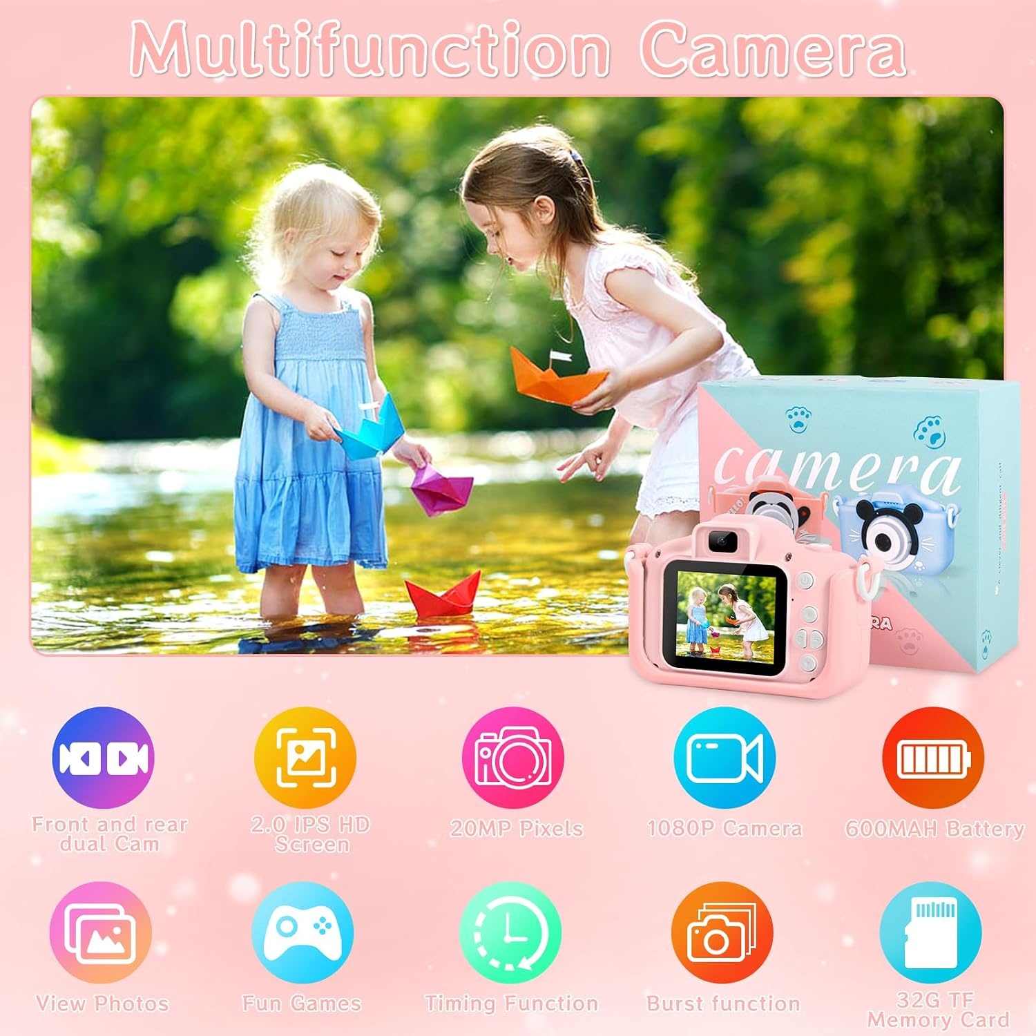 Roze Digitale Kindercamera 20MP + 32GB SD-kaart (32% Korting)