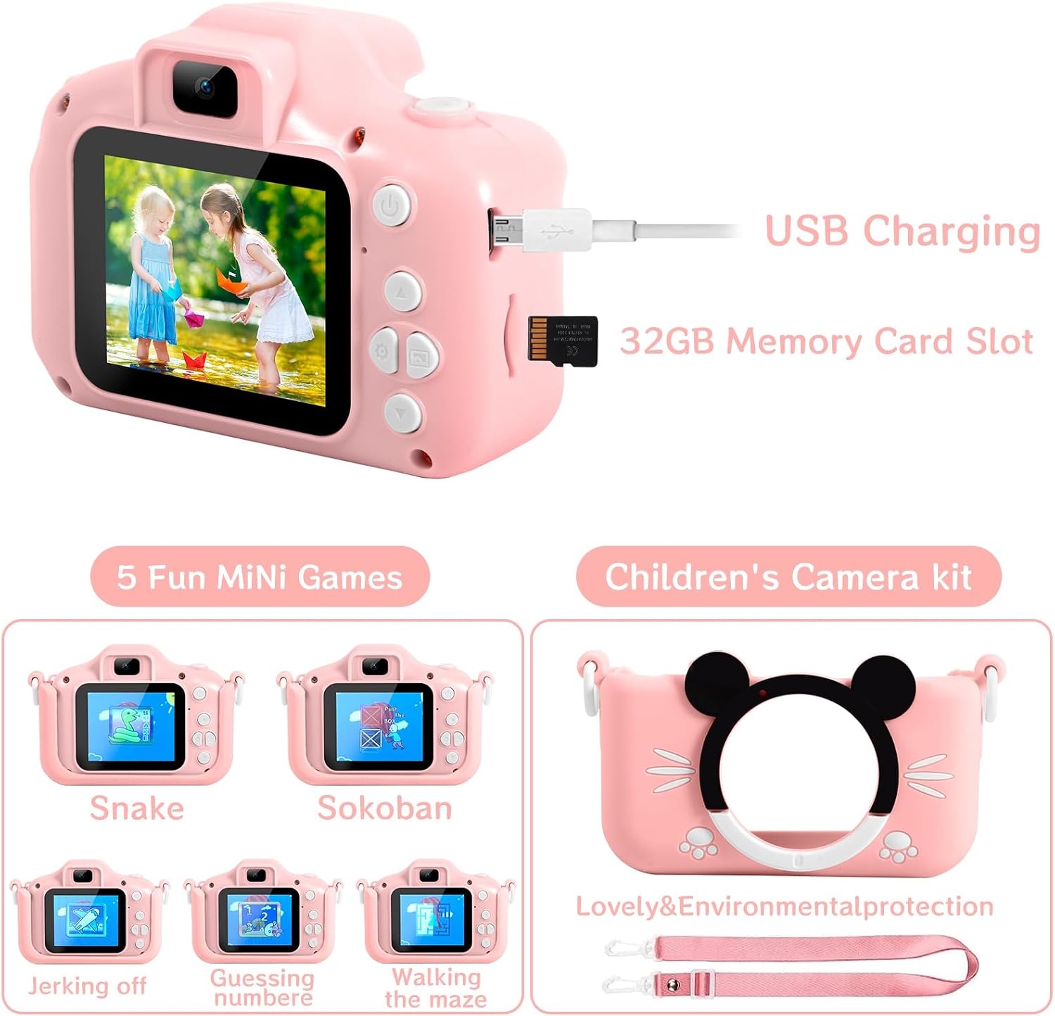 Roze Digitale Kindercamera 20MP + 32GB SD-kaart (32% Korting)