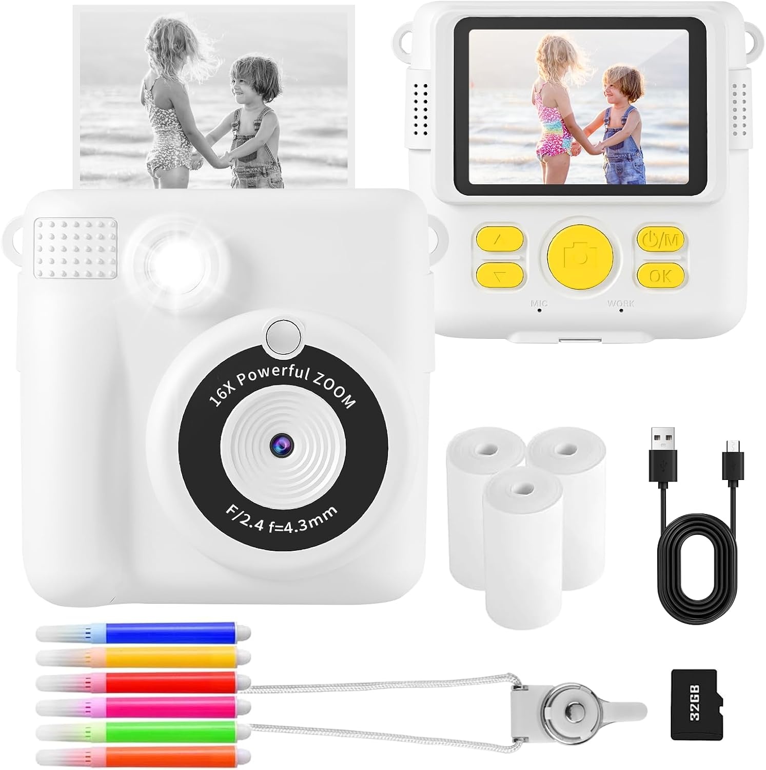 AORILE Kindercamera met Direct Print, 1080P HD, 32GB SD - Wit (33% korting)