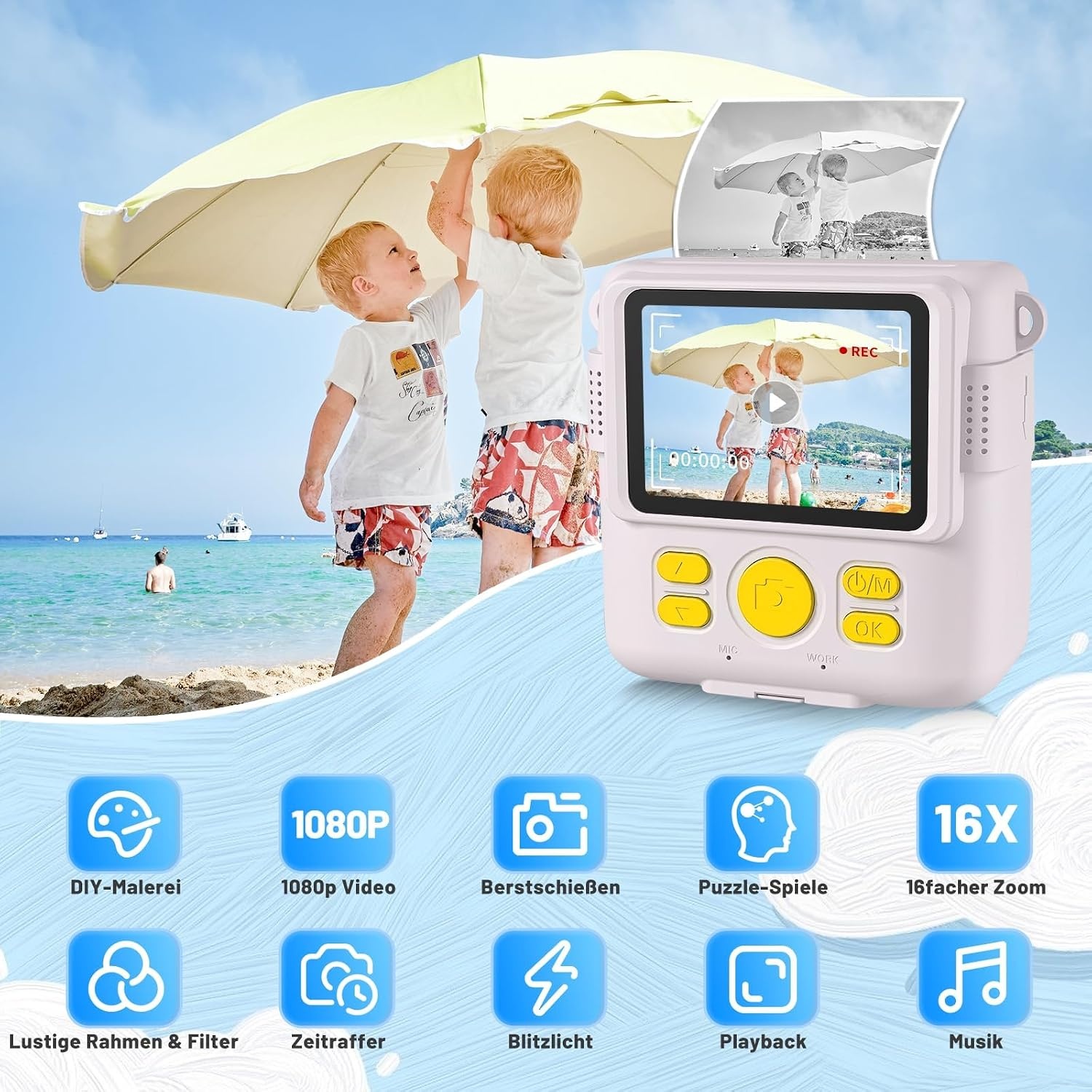 AORILE Kindercamera met Direct Print, 1080P HD, 32GB SD - Wit (33% korting)