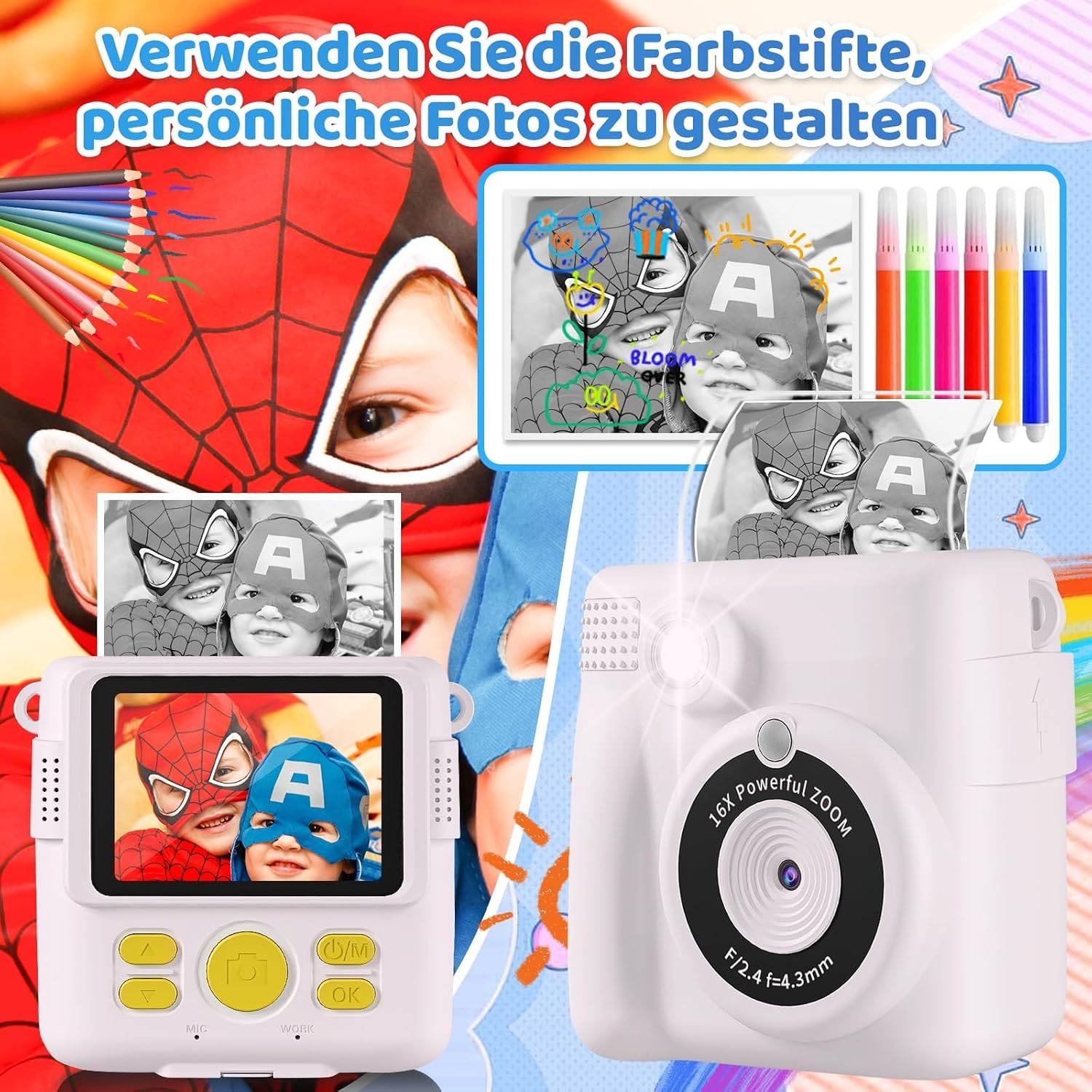 AORILE Kindercamera met Direct Print, 1080P HD, 32GB SD - Wit (33% korting)