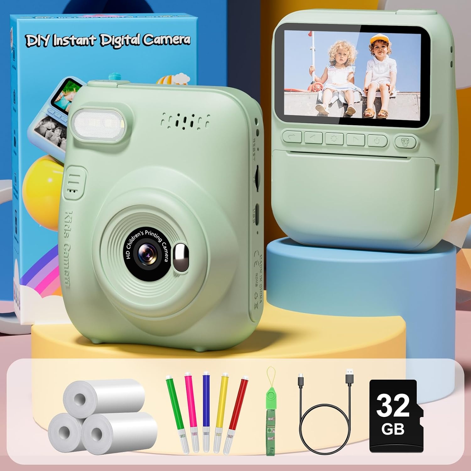 Gofunly Kinder Instant Camera Groen - 14MP - 32GB + Printpapier - 34% Korting
