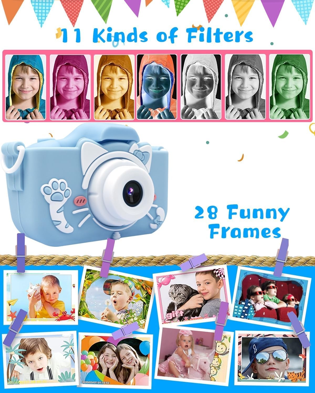 Kinder Camera Blauw 20MP Selfie & 32GB SD - 33% Korting!