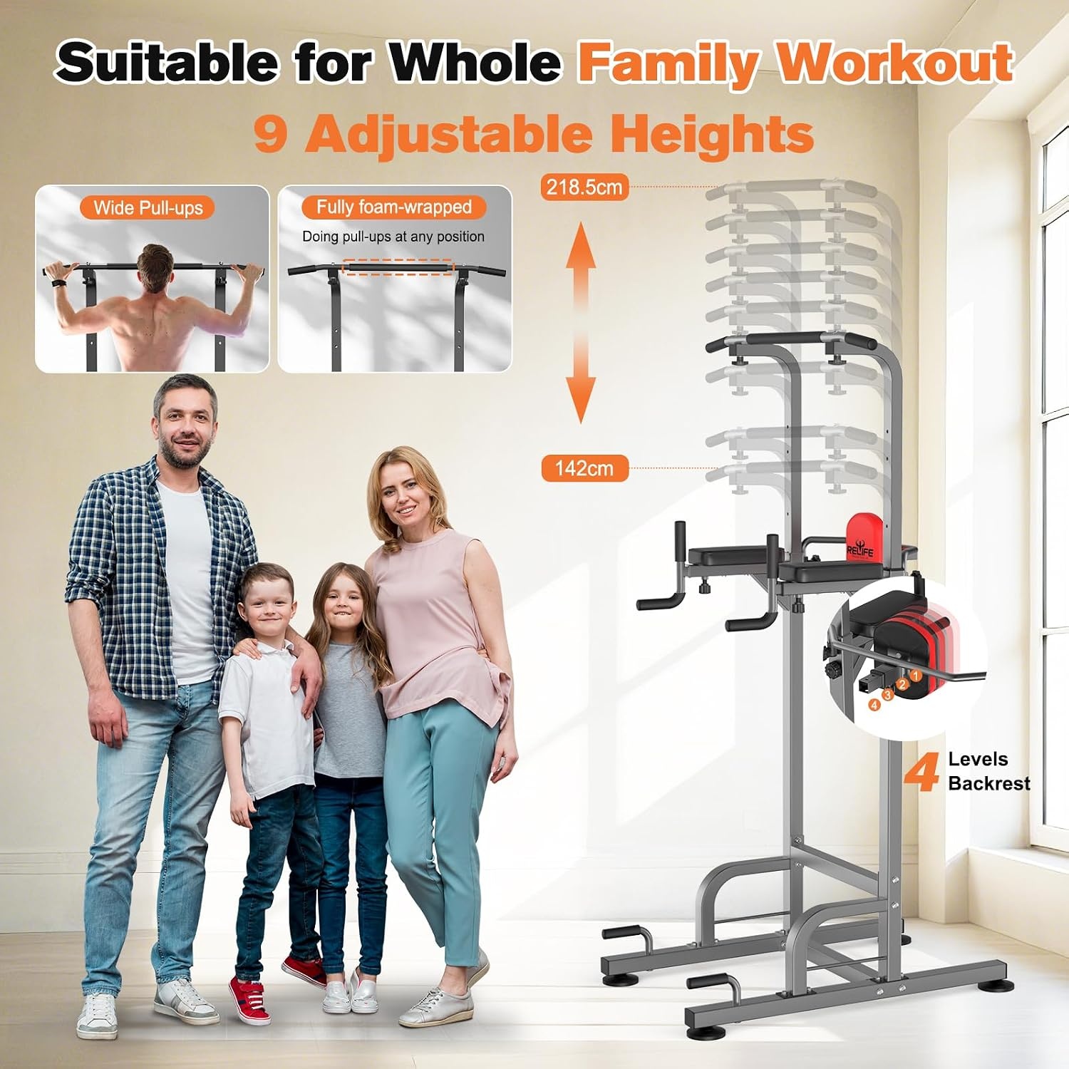 RELIFE REBUILD YOUR LIFE Optrekstang staand Trainingsapparaat Fitness Dip station Krachttoren Vrijstaand Thuis