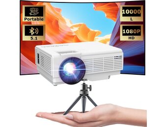 YOOYAA Mini-projector met Bluetooth en statief, draagbaar, 1080p, Full HD, 10.000 l, mini-draagbare led-projector voor thuisbioscoop, compatibel met smartphone, HDMI, USB, tv-stick