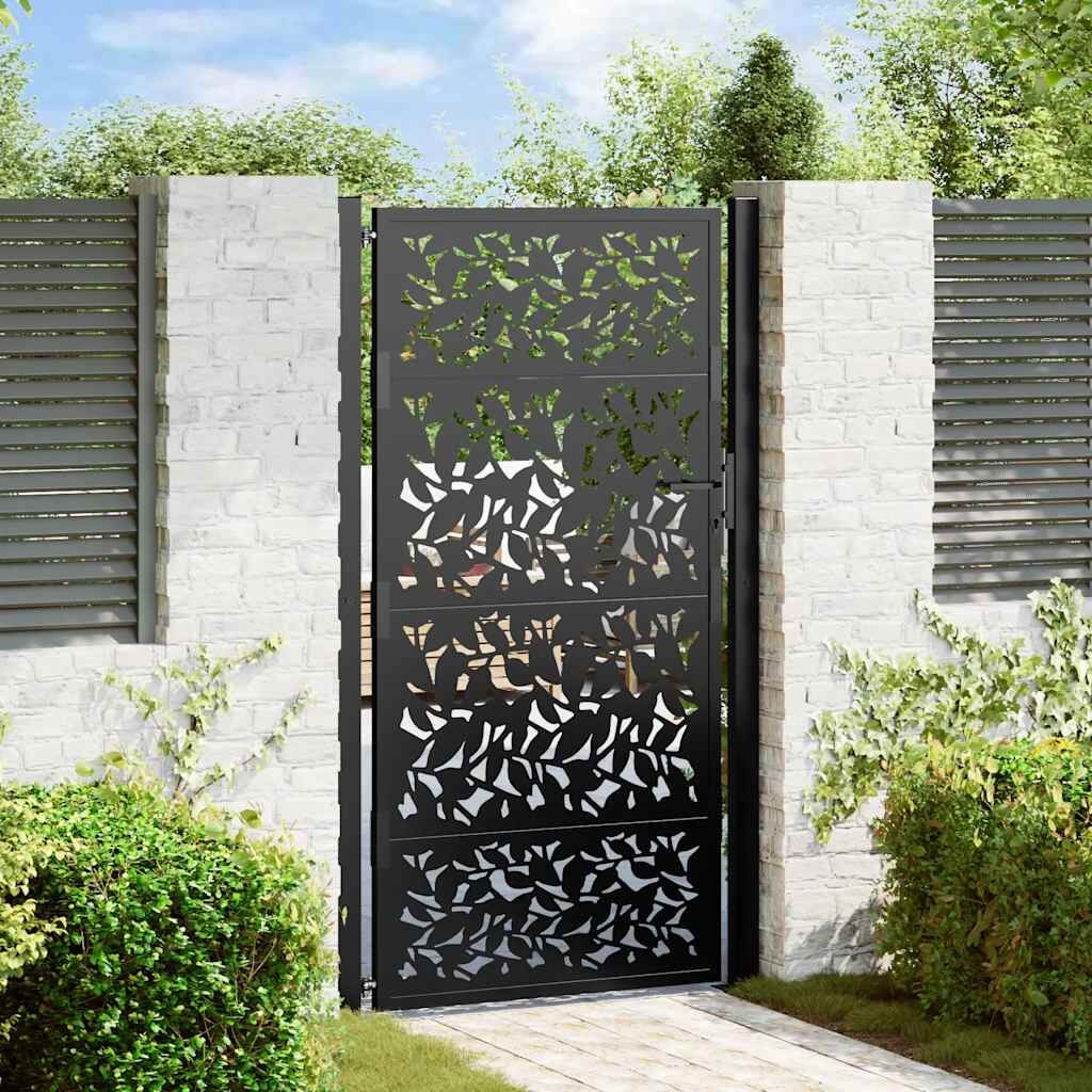vidaXL Poort 105x180 cm Zwart - Staal met Bladontwerp - 35% Korting