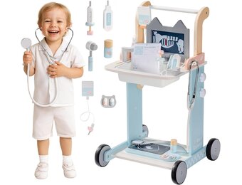 Houten Dokterskoffer Trolley voor Kinderen 3+ Jaar | Medisch Speelgoed met Stethoscoop | Wit & Blauw | 29% Korting