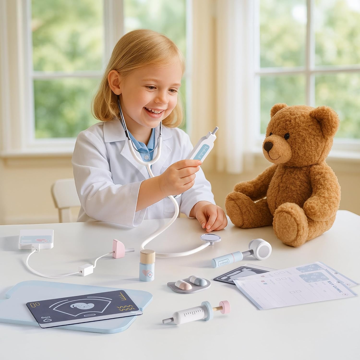 Houten Dokterskoffer Trolley voor Kinderen 3+ Jaar | Medisch Speelgoed met Stethoscoop | Wit & Blauw | 29% Korting