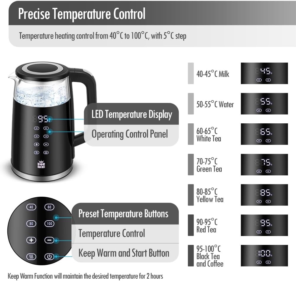 ForMe Glazen Waterkoker 1,7L, Temperatuurkeuze & Warmhoudfunctie - 33% Korting!