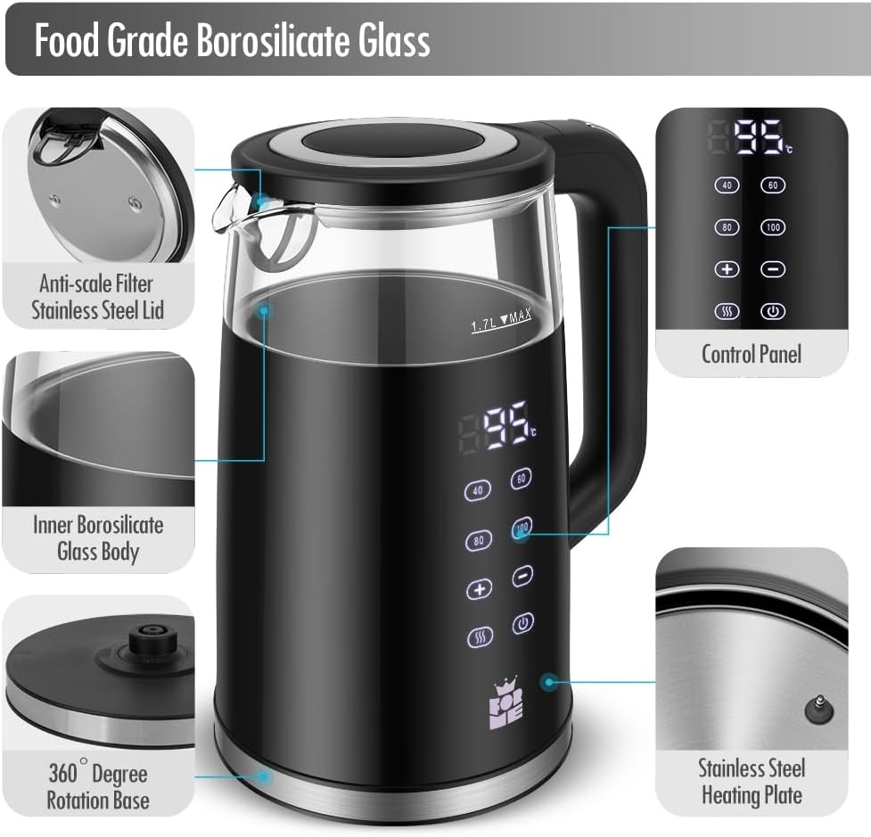 ForMe Glazen Waterkoker 1,7L, Temperatuurkeuze & Warmhoudfunctie - 33% Korting!