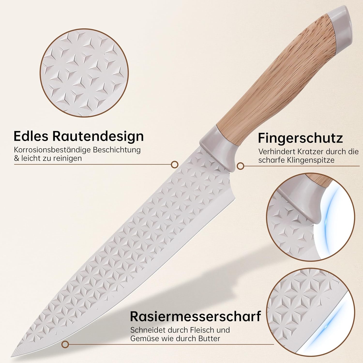 Messenset 6-delig Khaki met Blok | Roestvrij Staal | Antiaanbaklaag | 33% Korting