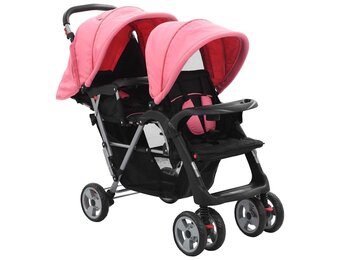 Dubbele Kinderwagen Staal Roze/Zwart - 35% Korting