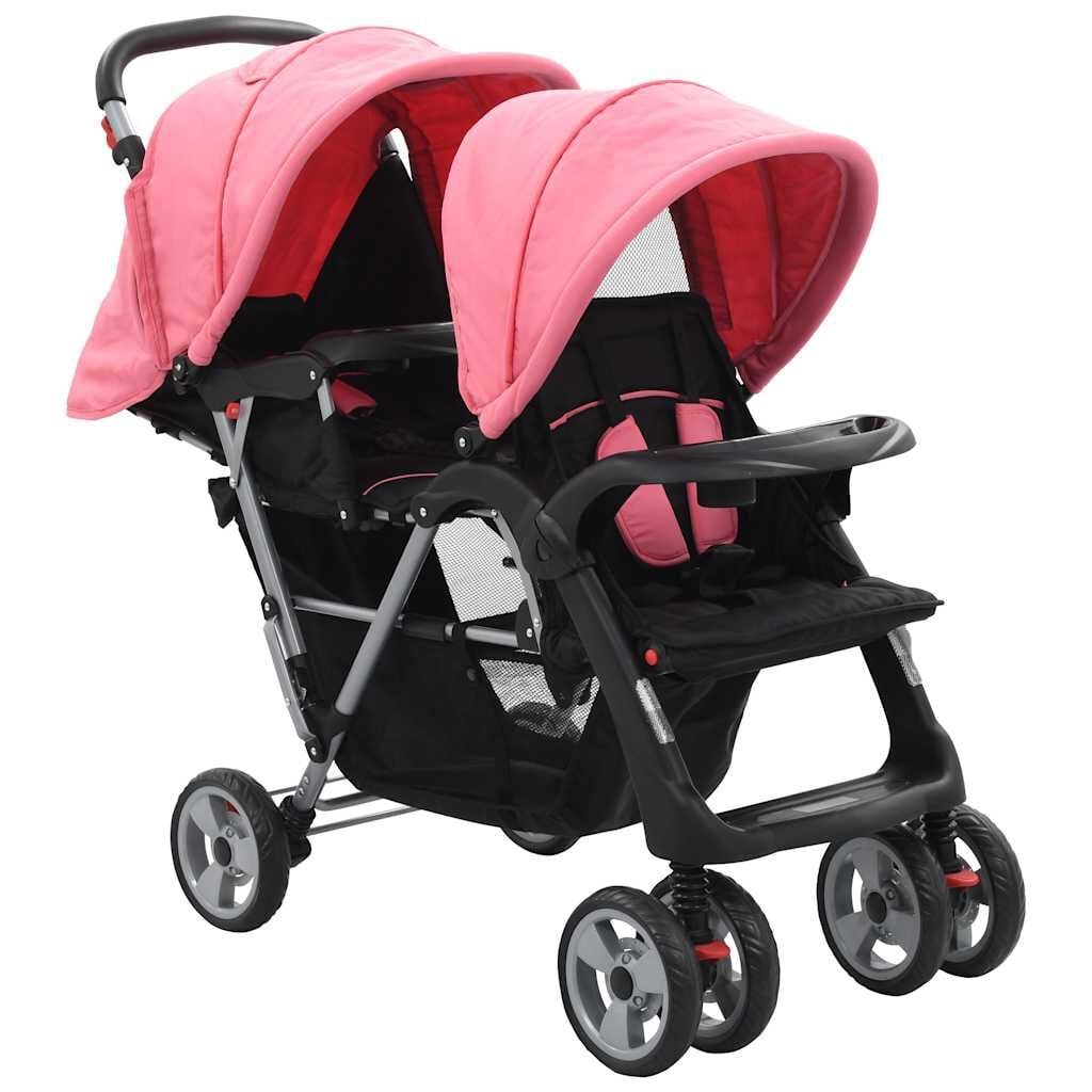 Dubbele Kinderwagen Staal Roze/Zwart - 35% Korting