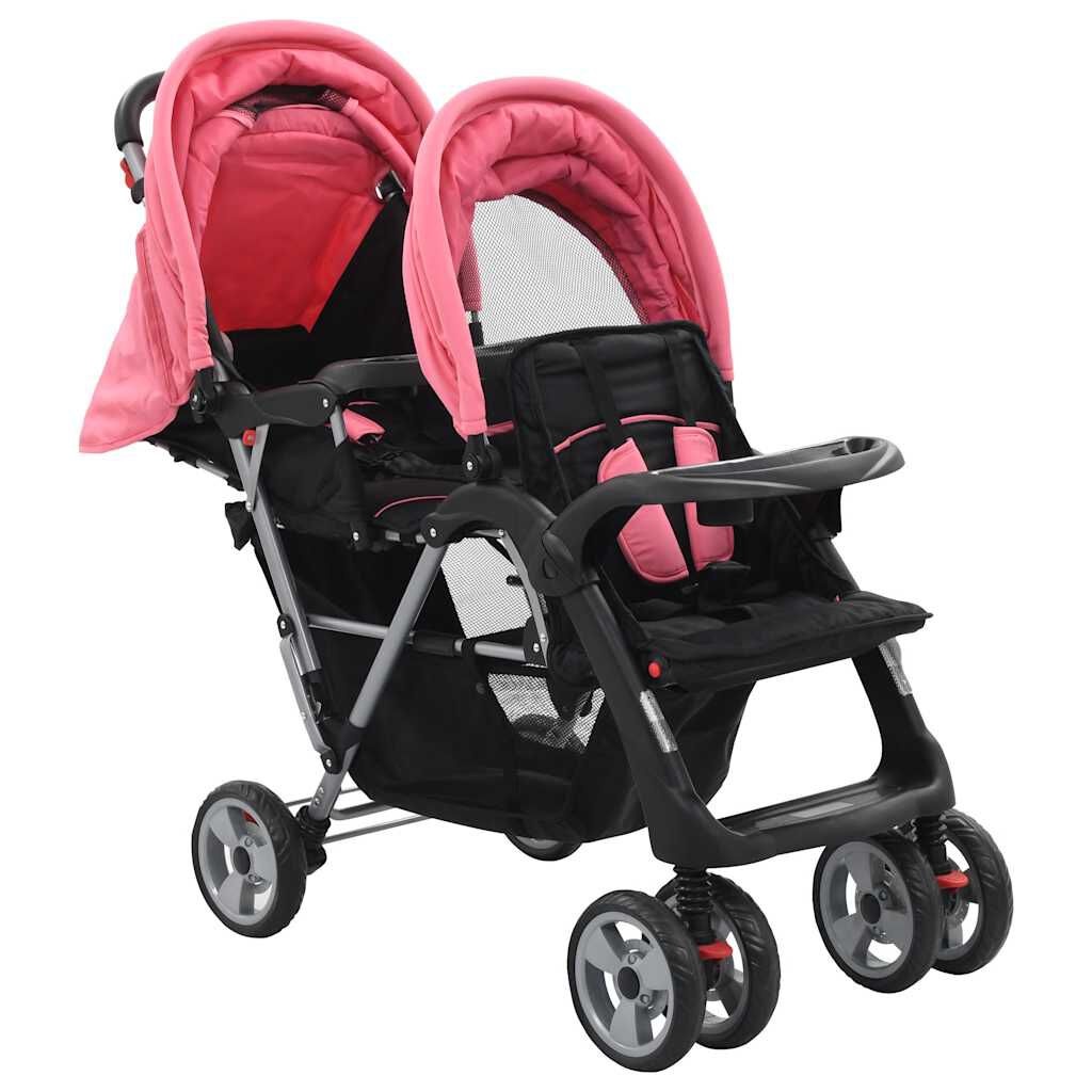 Dubbele Kinderwagen Staal Roze/Zwart - 35% Korting